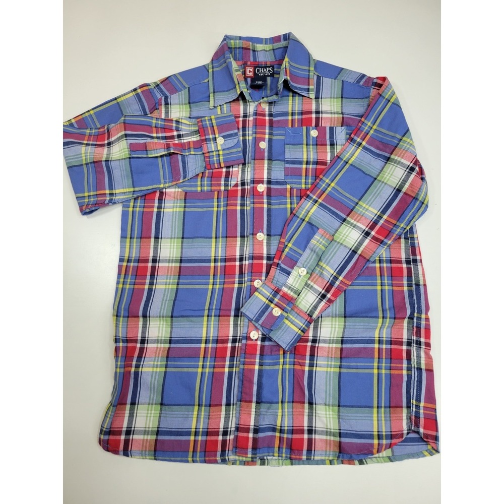 Chaps Boys Plaid Button Front Shirt Size 8 Blue Red Green Long Sleeve Cotton...
